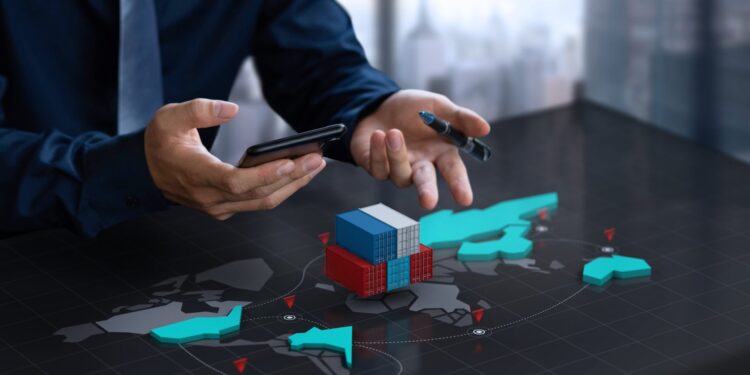 Businessman show export container on digital 3d world map screen